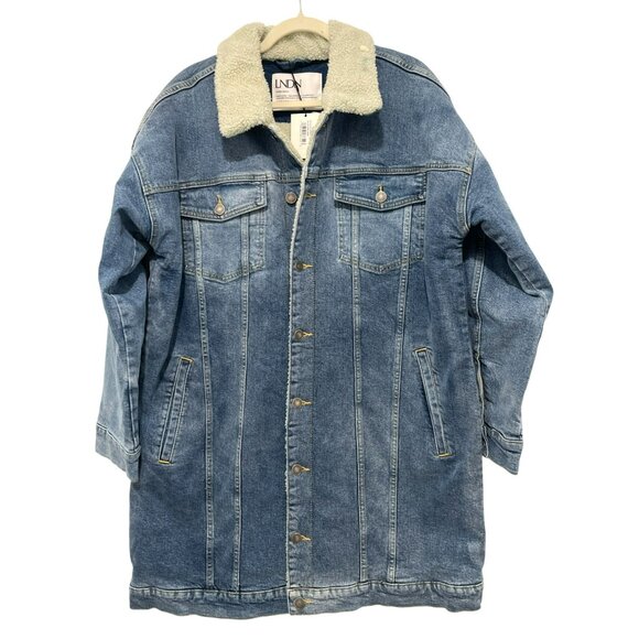 LNDN Oversized XXS Long Denim Faux Sherpa Lined Denim Jacket NWT - Picture 2 of 7